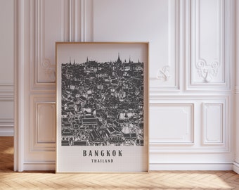 Classic Monotone Retro Bangkok With Classic Pagoda, City travel Art, Retro Bangkok, Thailand Poster, Aesthetic Art, Thailand Painting Gift