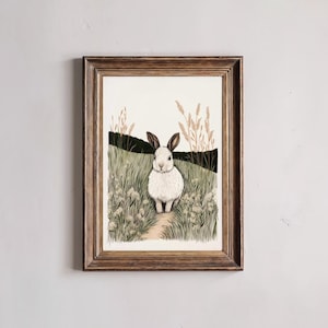 Vintage Easter Bunny Print, Country Farmhouse Printable Wall Art, Muted Spring Rabbit Painting Printable Wall Art, Rustic Easter Cottagecore