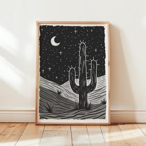 Klassischer Monotoner Kaktus in der sternenklaren Nacht Poster, westliche Wohnkultur, Vintage-Druck, Wüstenkaktus-Wandkunst, minimale Howdy Eclectic Printable