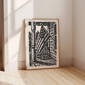 USA Rustic American Flag Porch Wall Art – Patriotic Linocut Style Printable | 4th of July USA Decor | Vintage Americana Digital Download