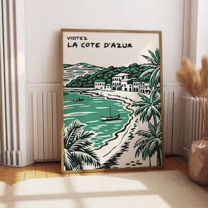 Arte mural de la Costa Azul, póster de viaje vintage de Playa Esmeralda, descarga instantánea, impresión mural ecléctica moderna, descarga de arte ecológico, arte de playa de Francia