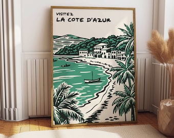Cote D&#39;Azur Wall Art, Emerald Beach Vintage Travel Poster instant download, Modern Eclectic Wall print, Green art download, France Beach Art