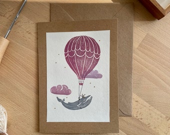 Linosnede - verjaardagswenskaart - Roze walvis | walviskaart | linosnede kaart