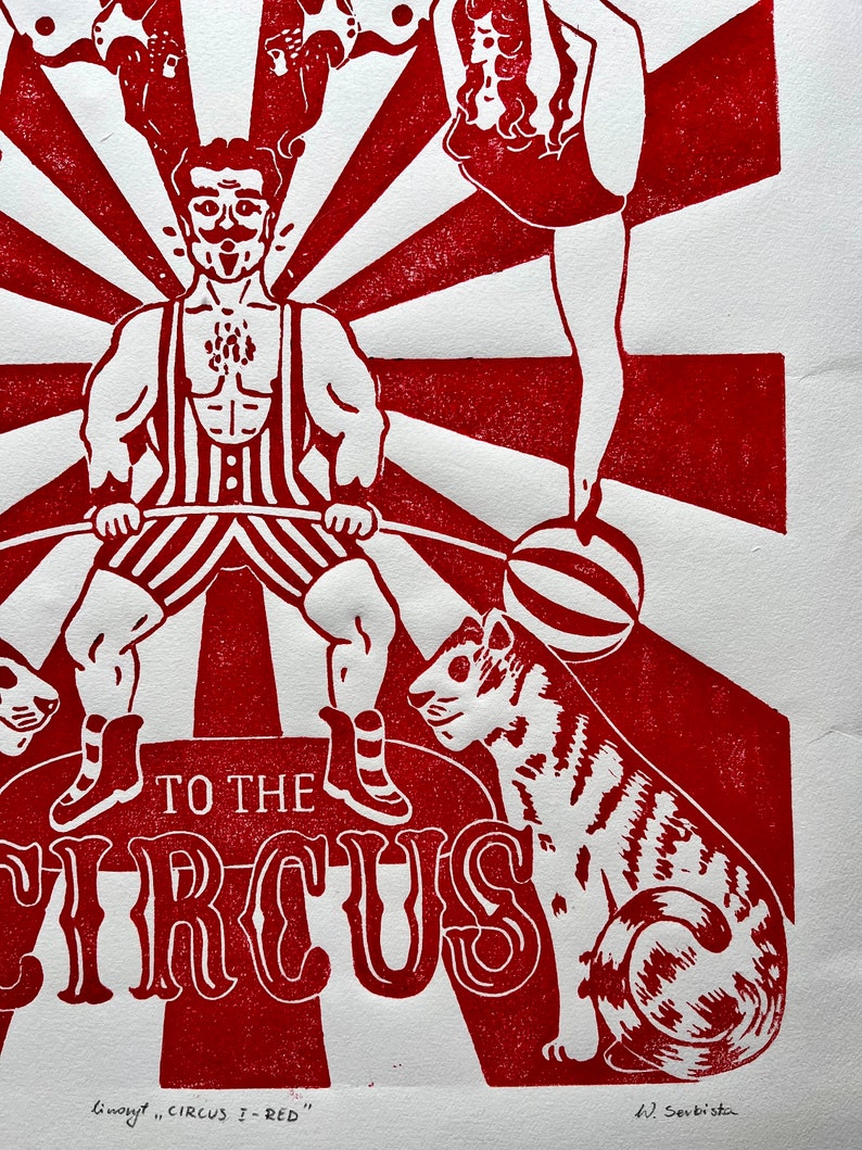 Graphics Linocut CIRCUS I red linocut print image 6