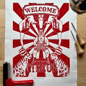 Graphics Linocut CIRCUS I red linocut print image 1