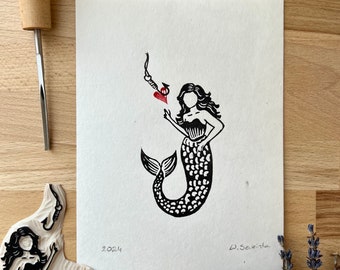 Graphics - Linocut Mermaid | linocut | mermaid