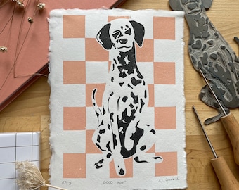 Graphics - Dalmatian linocut | Good Boy | linocut | dalmatian | check | handmade paper