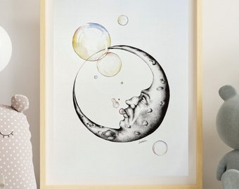 Grafische maanposter BUBBLE MOON | illustratie | tekening | A3-afdruk