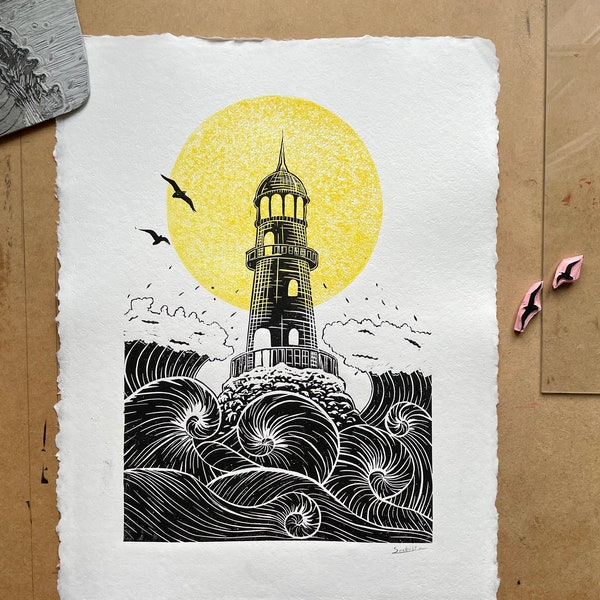 Grafika - Linoryt „Storm” | linocut | lighthouse | handmade paper | print