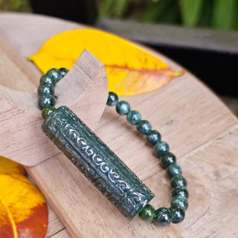 Burmese Beads Jade Bracelet With Carved Jade Baton Pendant Ocean Blue