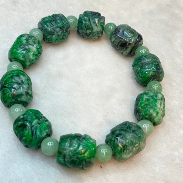 Bracelet en jade sculpté birman véritable vert naturel forme de baril de jade belle largeur 13 mm