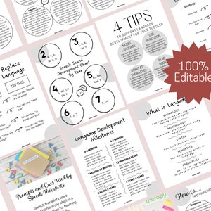 Op de afbeelding: Een verzameling educatieve printables op een lichtroze achtergrond. De pagina's bevatten grafieken, tips en mijlpalen met betrekking tot taalontwikkeling, met de tekst "100% Editable" op een rode ster.
