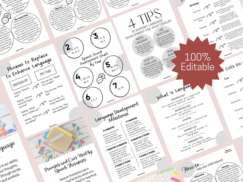 Op de afbeelding: Een verzameling educatieve printables op een lichtroze achtergrond. De pagina's bevatten grafieken, tips en mijlpalen met betrekking tot taalontwikkeling, met de tekst "100% Editable" op een rode ster.