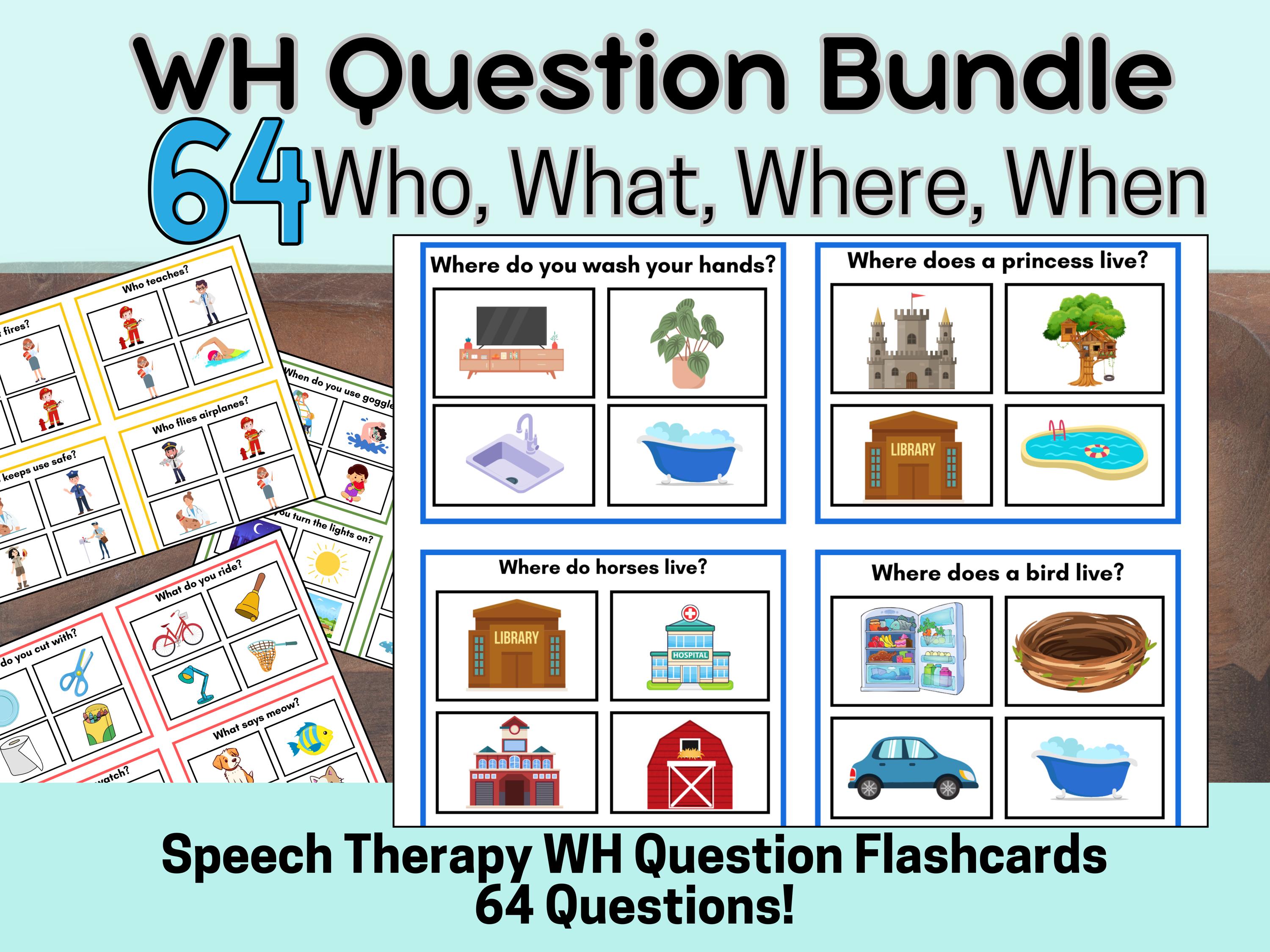 WH Question Cards Printables, Multiple Choice, Speech Therapy, ABA