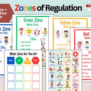 May include: A collection of educational posters titled "Zones of Regulation". The posters are in various colours and include the Blue Zone, Green Zone, Yellow Zone, and Red Zone, with associated feelings and coping strategies. The text "A4 Size + US Letter Size" is also visible.