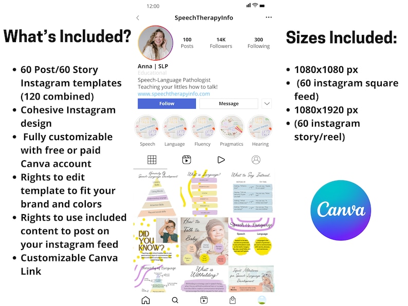 May include: A screenshot of a social media post advertising Instagram templates for speech therapists. The post includes a photo of the creator, Anna, and a grid of colorful templates with text such as "What is Language?" and "Speech is Language". The post also includes a list of features, such as customizable Canva templates and rights to edit the templates. The post is titled "What's Included?" and includes a list of sizes included, such as 1080x1080 px and 1080x1920 px.