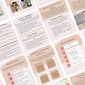 Op de afbeelding: Een verzameling informatieve kaarten over logopedie, met onderwerpen als sociale communicatie, vloeiendheid en articulatietherapie. De kaarten hebben een beige en wit kleurenschema met afbeeldingen van kinderen en gezinnen.