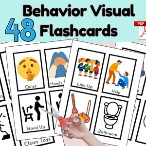 May include: A set of 48 behavior visual flashcards featuring black and white line drawings and colorful icons. The cards depict daily activities like washing hands, standing up, lining up, and using the bathroom, with text labels for each action.