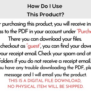 Op de afbeelding: Zwarte tekst op een witte achtergrond die uitlegt hoe je een digitaal product gebruikt. De tekst bevat instructies over het openen van het PDF-bestand na aankoop, het downloaden van bestanden en het oplossen van problemen. Er staat ook dat er geen fysiek item wordt verzonden.
