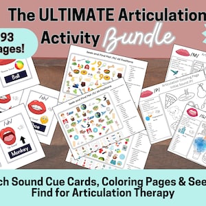 96 Pacote de atividades de terapia da fala de articulação, cartões de dicas visuais, busca e localização, páginas para colorir de sons de fala, materiais SLP, cartões de tarefas em PDF