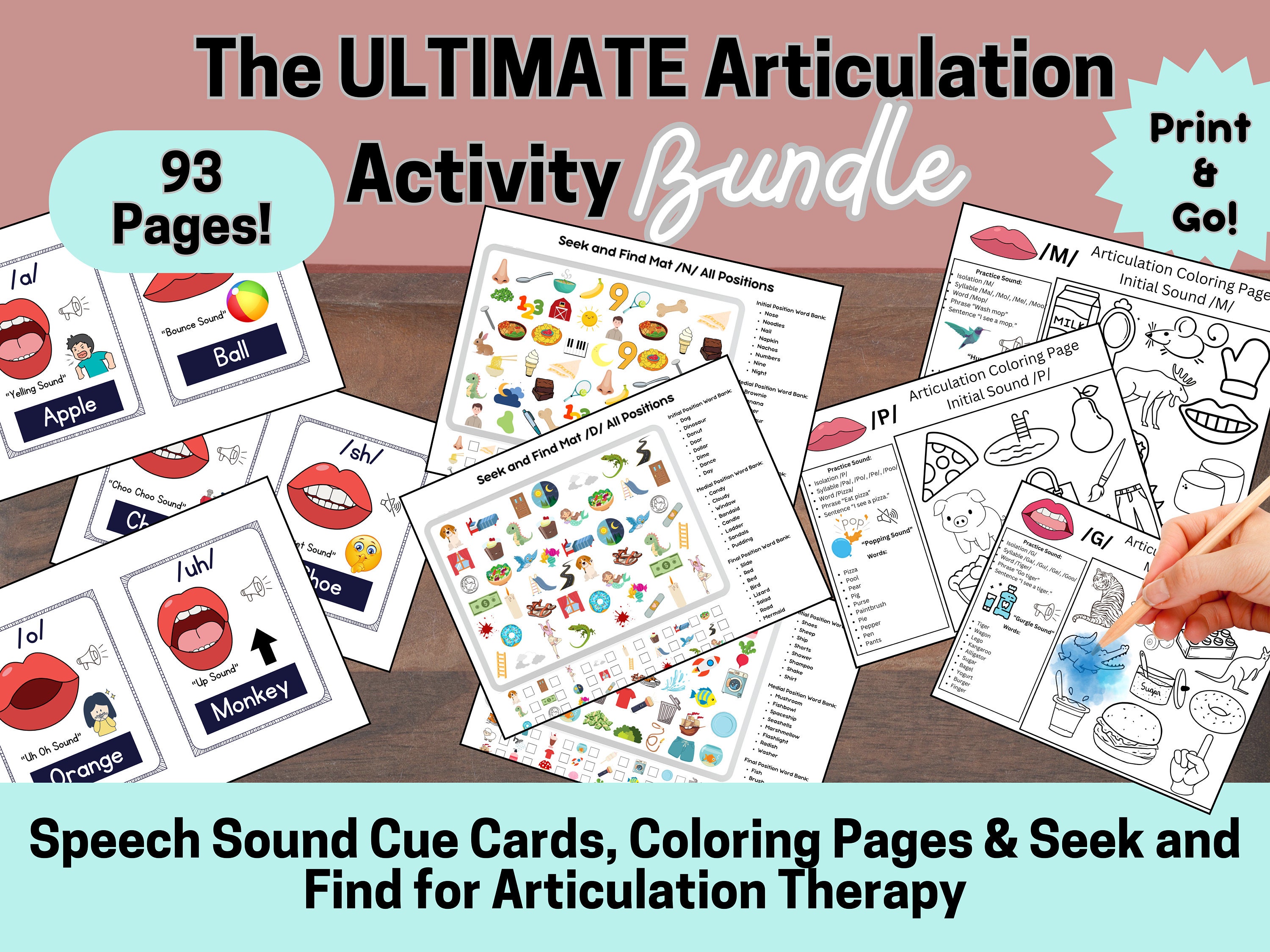 96 Articulation Speech Therapy Activity Bundle, Visual Cue Cards, Seek and Find, Speech Sound Coloring Pages, SLP Materials, PDF Task Cards