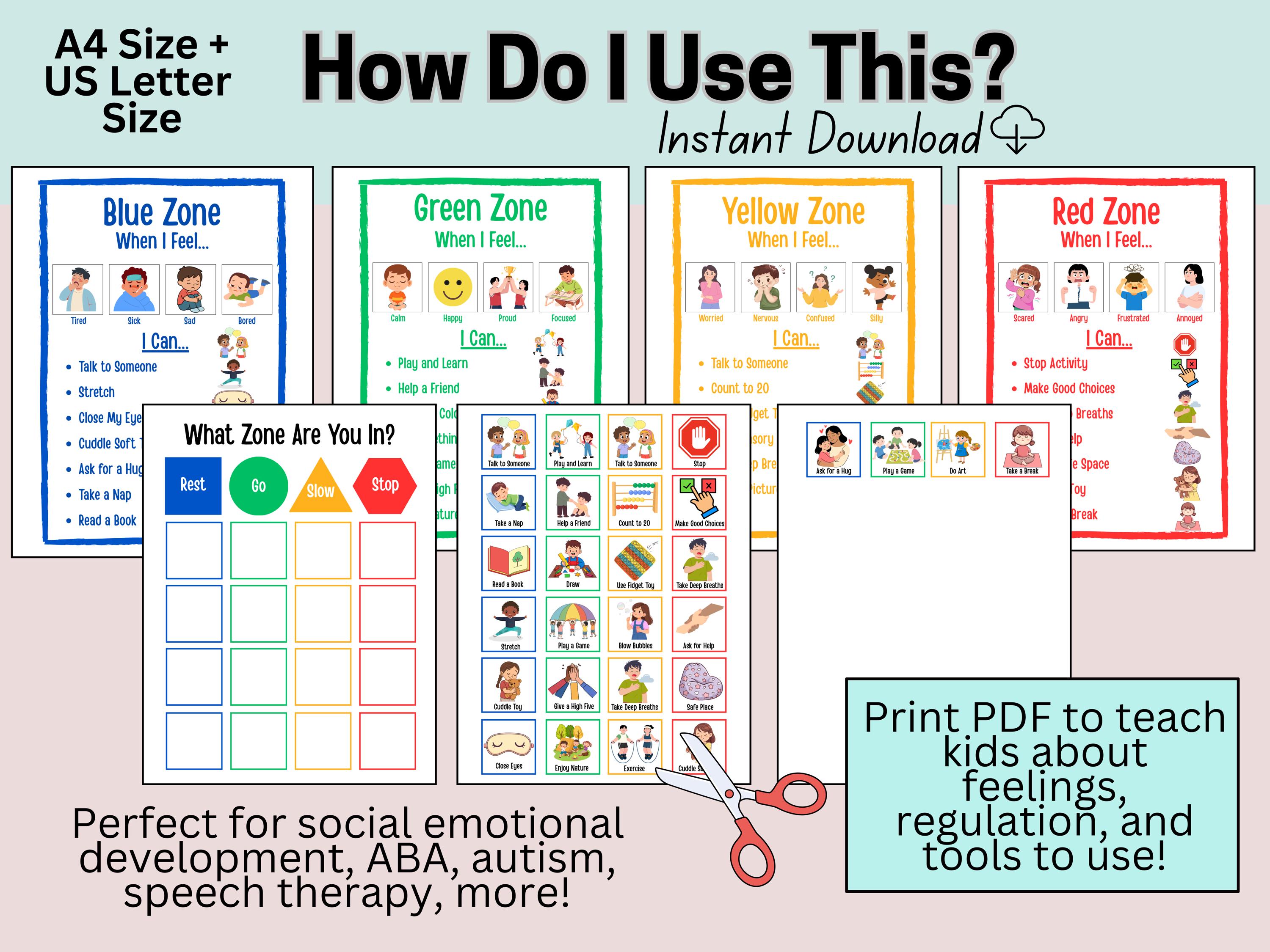 Zones of Regulation, Self Regulation Cards Chart, Printable, Emotions ...