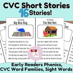 May include: Educational printable featuring CVC Short Stories with 16 stories for early readers. The pages include phonics, word families, and sight words with illustrations of a blue bug on a rug and a red hen in a pen. A PDF icon is centered.