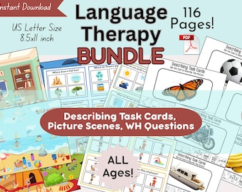 Language Therapy Bundle: Picture Scenes, Describing Cards, WH Questions, Speech Therapy ABA Visual Support Activities Vocabulary Building