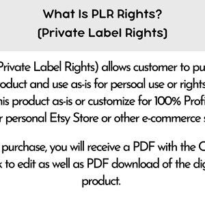 Op de afbeelding: Witte tekst op een lichtgrijze achtergrond die uitlegt 'Wat zijn PLR-rechten?' en Private Label Rights definieert. De tekst beschrijft hoe klanten producten kunnen gebruiken of doorverkopen voor winst op Etsy of andere e-commerce sites. Vermeldt ook PDF met Canva-link.