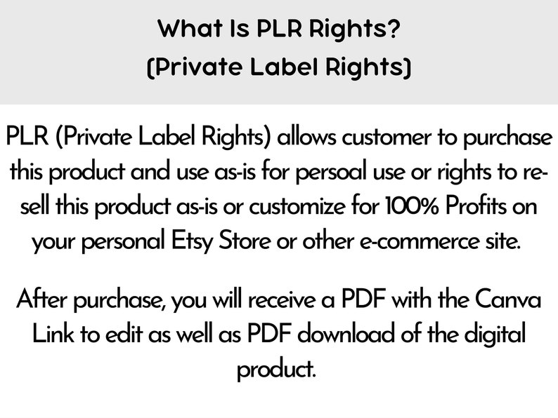 Op de afbeelding: Witte tekst op een lichtgrijze achtergrond die uitlegt 'Wat zijn PLR-rechten?' en Private Label Rights definieert. De tekst beschrijft hoe klanten producten kunnen gebruiken of doorverkopen voor winst op Etsy of andere e-commerce sites. Vermeldt ook PDF met Canva-link.