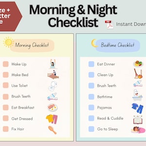 May include: A digital Morning & Night Checklist with A4 and US Letter size options. The left side features a yellow Morning Checklist with tasks like Wake Up, Make Bed, and Brush Teeth. The right side shows a blue Bedtime Checklist with tasks including Eat Dinner, Bathtime, and Go to Sleep, each accompanied by icons.