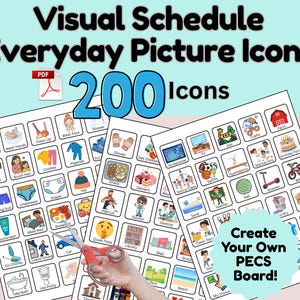May include: A collection of printable sheets featuring 200 visual schedule everyday picture icons. The grid layout displays various activities and objects with labels. A pair of red scissors is positioned over the sheets, and a teal circular graphic includes the text Create Your Own PECS Board.