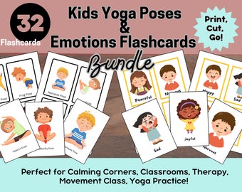 32 Kids Yoga and Emotions Flashcard Bundle, Calming Corner, Kids Movement, Speech Therapy, Yoga Cards, Feelings Cards, Toddler Montessori
