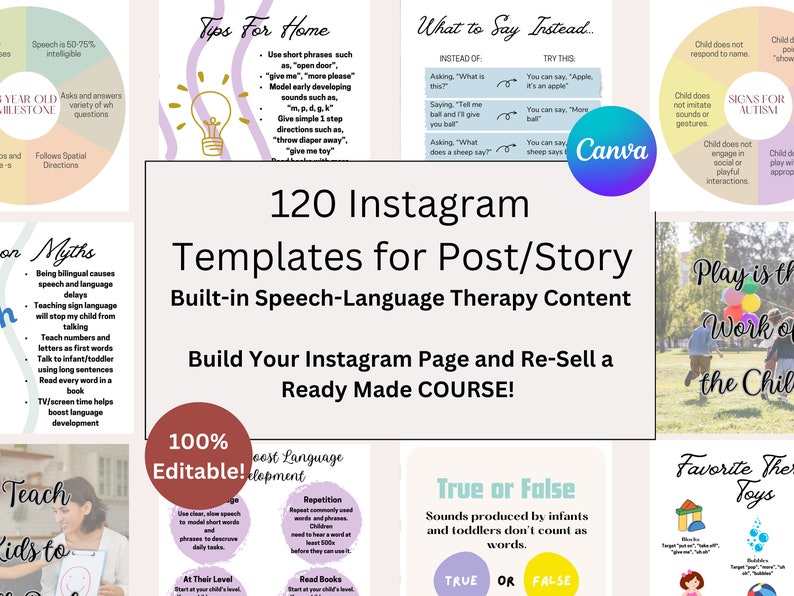 May include: A collage of colorful images with text about speech-language therapy. The text includes "120 Instagram Templates for Post/Story", "Built-in Speech-Language Therapy Content", "Build Your Instagram Page and Re-Sell a Ready Made COURSE!" and "100% Editable!"