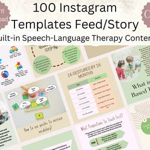 Pode incluir: Uma coleção de 100 modelos do Instagram para terapia da fala. Os modelos apresentam ilustrações e texto coloridos, incluindo "Brinquedos favoritos", "Alcançar SLP até...", "16 gestos até 16 meses", "Quais preposições ensinar primeiro?", "O que é terapia baseada em jogos?" e "Gráfico de desenvolvimento de som por ano".