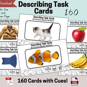 May include: A set of 160 describing task cards with cues. The cards feature images of a jacket, kitten, apple, bow tie, clownfish, and bananas. The text "Describing Task Cards" and "Use the Cues to Describe This Picture" are visible.