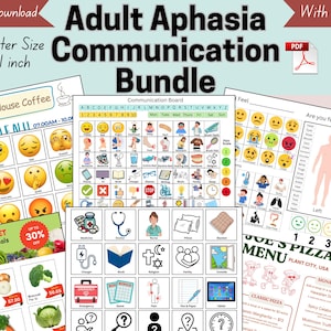 May include: A digital bundle of printable communication aids for adults with aphasia, featuring US Letter size 8.5x11 inch PDF documents. The collection includes various boards with emoji expressions, medical pain scales, and food menus.
