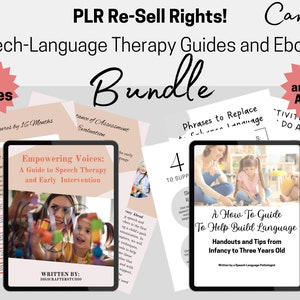Op de afbeelding: Een bundel spraak-taaltherapie gidsen en e-books. De afbeelding toont twee tablets met gidsen, een getiteld "Empowering Voices" en de andere "A How To Guide To Help Build Language". De bundel bevat 68 pagina's en PDF-toegang.