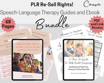 68 PLR Speech Therapy Ebook Bundle, Speech Language Pathology Materials, Re-Sell Rights, Editable Canva Link, Template, Parent Handouts