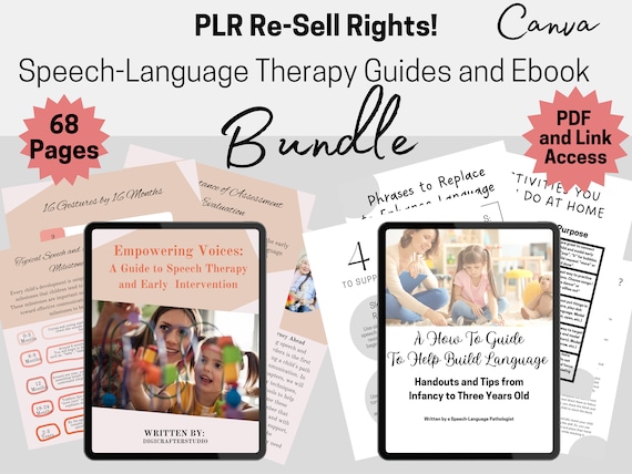 68 PLR Speech Therapy Ebook Bundle, Speech Language Pathology Materials, Re-Sell Rights, Editable Canva Link, Template, Parent Handouts
