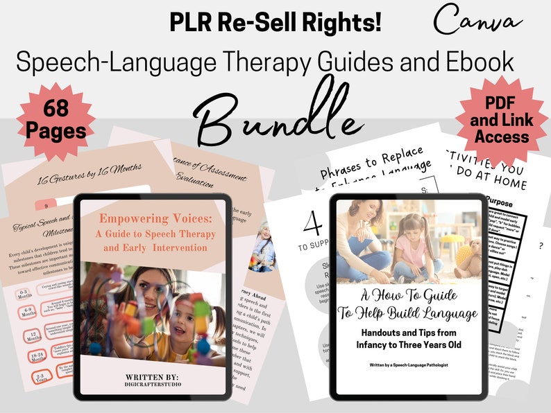 Op de afbeelding: Een bundel spraak-taaltherapie gidsen en e-books. De afbeelding toont twee tablets met gidsen, een getiteld "Empowering Voices" en de andere "A How To Guide To Help Build Language". De bundel bevat 68 pagina's en PDF-toegang.