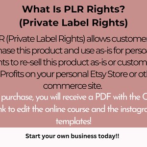 May include: A pink background with white text explaining what Private Label Rights (PLR) are. The text says that PLR allows customers to purchase a product and use it as-is for personal use or resell it as-is or customize it for 100% profits on their Etsy store or other e-commerce site. The text also says that after purchase, customers will receive a PDF with a Canva link to edit the online course and Instagram templates. The text ends with the phrase "Start your own business today!"
