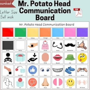 Op de afbeelding: Een Mr. Potato Head communicatiebord met een raster van kleurrijke iconen en tekstlabels. Het document bevat secties voor kleuren, acties en lichaamsdelen, met een koptekst met de tekst Mr. Potato Head Communication Board en US Letter Size 8.5x11 inch.