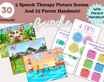 30 Speech Therapy Picture Scenes, Busy Boards for Therapy, Parent Handout Bundle, Speech Therapy Activities/Materials, Milestone Checklist
