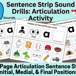 Può includere: Un set di attività di articolazione di 55 pagine intitolato 9 Sentence Strip Sound Drills. I fogli stampabili presentano griglie con testo nero, icone e illustrazioni per la pratica del linguaggio, tra cui immagini di un fantasma e un dinosauro.