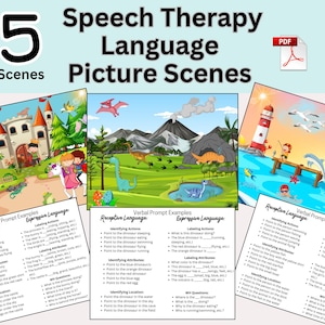 May include: A digital educational resource titled 5 Speech Therapy Language Picture Scenes featuring three colourful illustrations of a castle, a prehistoric landscape with dinosaurs, and a seaside scene, each accompanied by a list of verbal prompts.