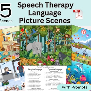 May include: A digital collection of 5 Speech Therapy Language Picture Scenes in PDF format. The images feature colorful illustrations of a bedroom, a jungle with animals, a camping site, an airport terminal, and an underwater ocean scene.