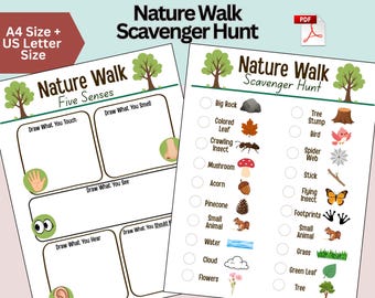 Nature Walk Scavenger Hunt, Hiking Printable, Kids Summer Camp, Five Senses, Outdoor Seek and Find, Homeschool Learning, Preschool, PDF