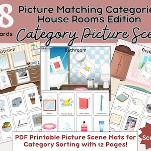 48 tapis de scène assortis par catégorie, activité d'orthophonie, matériel linguistique, style Montessori, tri, SLP PDF imprimable, autisme