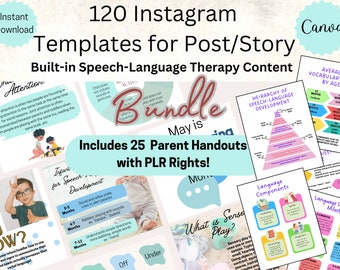 120 Speech-Language Therapy Instagram Templates, Speech Therapy Parent Handouts PLR Bundle , Instagram Story and Feed Templates,  PLR Rights